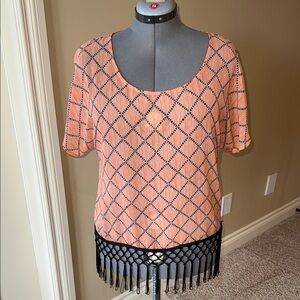 Reitmans Blouse Shirt Too Orange and Black Crop with Fringe